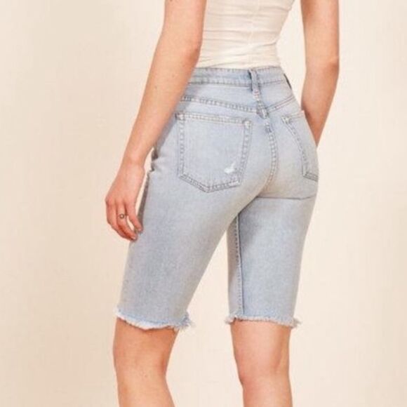 Reformation Skye Distressed Bermuda Jean Denim Shorts - Picture 7 of 8